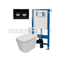 Комплект Унитаз подвесной Point Ника PN41081 белый глянцевый, безободковый, с микролифтом + Система инсталляции для унитазов Point PN45121 пневматическая + Кнопка смыва Point Венера PN44072BC черная, хром