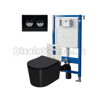 Комплект Унитаз подвесной Point Веста PN41701BM черный матовый, безободковый, с микролифтом + Система инсталляции для унитазов Point PN45121 пневматическая + Кнопка смыва Point Венера PN44072BC черная, хром