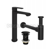 Комплект Смеситель STWORKI Копенгаген S42020BK черный + Сифон SD-001BK черный матовый + Донный клапан SW-001BK черный матовый