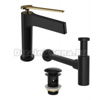 Комплект Смеситель STWORKI Аулум S06010BG матовый черный, матовое золото + Сифон SD-001BK черный матовый + Донный клапан SW-001BK черный матовый