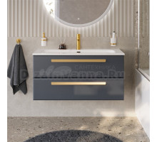 Тумба с раковиной Cezares Eco Cer-N 100 grafito, раковина Eco 100, ручки сатиновое золото