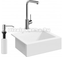 Комплект Мойка Domaci Сиена 50166-101 с 3 отверстиями, белый глянец + Смеситель Ливорно WFD05002K + Дозатор Равенна 401 сатин