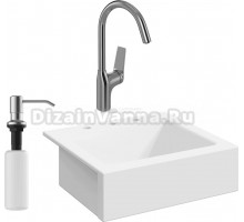Комплект Мойка Domaci Сиена 50166-101 с 3 отверстиями, белый глянец + Смеситель STWORKI HDA5708XH2 + Дозатор Равенна 401 сатин