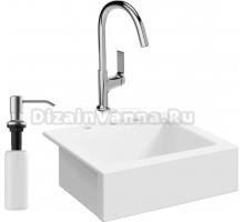 Комплект Мойка Domaci Сиена 50166-101 с 3 отверстиями, белый глянец + Смеситель STWORKI HDA4228XH2 + Дозатор Равенна 401 сатин