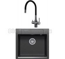 Комплект Мойка Polygran Argo 560 черная + Смеситель Paulmark Salix 213419-GM вороненая сталь, черный, с гибким изливом