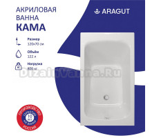 Акриловая ванна ARAGUT Кама 120x70 см, пристенная, белая, на ножках