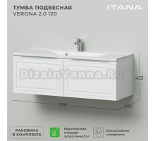 Тумба с раковиной Itana Verona 2.0 120 подвесная, эмаль белая матовая