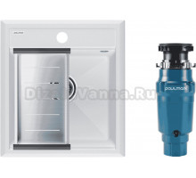 Комплект Мойка Paulmark Stepia PM114651-WH+A375-BS с коландером, белая + Измельчитель Intenso I-400
