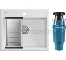 Комплект Мойка Paulmark Stepia PM115951-WH+A375-BS с коландером, белая + Измельчитель Intenso I-400