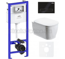 Комплект Унитаз подвесной безободковый Bell Pro Rimless 3301101R + Быстросъемное сиденье микролифт 33290100 + Система инсталляции для унитазов Relfix 38010010 + Кнопка смыва Relfix 38050801 матовая черная, золотой глянец