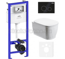 Комплект Унитаз подвесной безободковый Bell Pro Rimless 3301101R + Быстросъемное сиденье микролифт 33290100 + Система инсталляции для унитазов Relfix 38010010 + Кнопка смыва Relfix 38050803 матовая черная, золотой глянец