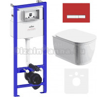 Комплект Унитаз подвесной безободковый Bell Pro Rimless 3301101R + Быстросъемное сиденье микролифт 33290100 + Система инсталляции для унитазов Relfix 38010010 + Кнопка смыва Relfix 3805005R красный, хром