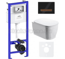 Комплект Унитаз подвесной безободковый Bell Pro Rimless 3301101R + Быстросъемное сиденье микролифт 33290100 + Система инсталляции для унитазов Relfix 38010010 + Кнопка смыва Relfix 38050702 глянцевая черная, темное дерево