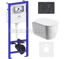 Комплект Унитаз подвесной безободковый Bell Pro Rimless 3301101R + Быстросъемное сиденье микролифт 33290100 + Система инсталляции для унитазов Relfix 38010010 + Кнопка смыва Relfix 38050901 черный мрамор