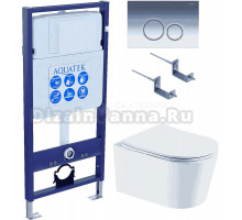 Комплект Унитаз подвесной AQUATEK Оберон Т AQ1365T-00 безободковый, с микролифтом + Инсталляция Standard INS-0000012 + Комплект креплений KKI-0000002 + Кнопка KDI-0000018 глянцевый хром