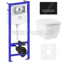 Комплект Унитаз подвесной Lavinia Boho One Compacto 3302102С с микролифтом + Система инсталляции для унитазов Relfix 38010010 + Кнопка смыва Relfix 38050702 глянцевая черная, темное дерево