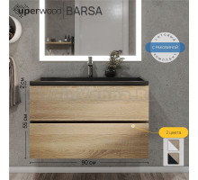 Тумба с раковиной Uperwood Barsa 90 подвесная, черная, дуб сонома, раковина черный глянец