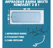 Комплект Акриловая ванна 1MarKa Modern Стандарт 2+ 180x75 см, пристенная, белая, с каркасом, со сливом-переливом