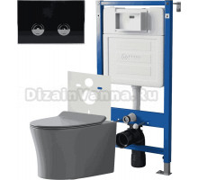 Комплект Унитаз подвесной Point Вега PN41711GM + Инсталляция PN45121 пневматическая + Кнопка Венера PN44071BC черная, хром