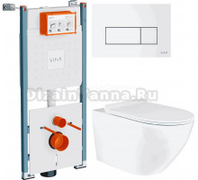 Комплект Унитаз подвесной BOND Oval F01-10Long + Инсталляция VitrA V-Fix Core 732-5800-01PV + Кнопка Root Square 740-2300 белая глянцевая