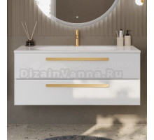 Тумба с раковиной Cezares Eco 120 2 ящика, ручки сатиновое золото, bianco lucido