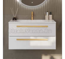 Тумба с раковиной Cezares Eco 90 2 ящика, ручки сатиновое золото, bianco opaco