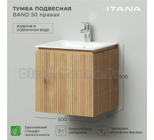 Тумба под раковину без столешницы Itana Band 50 500x471x500 правая подвесная Дуб Мавелла Голд