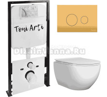 Комплект Унитаз подвесной Toni Arti Baglio TA-BO4936 безободковый, с микролифтом + Система инсталляции для унитазов Toni Arti TA-01 + Кнопка смыва Toni Arti Baglio TA-0083 золото матовое