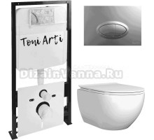 Комплект Унитаз подвесной Toni Arti Baglio TA-BO4936 безободковый, с микролифтом + Система инсталляции для унитазов Toni Arti TA-01 + Кнопка смыва Toni Arti Freto TA-0050 хром матовый