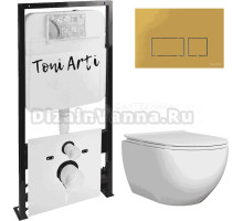 Комплект Унитаз подвесной Toni Arti Baglio TA-BO4936 безободковый, с микролифтом + Система инсталляции для унитазов Toni Arti TA-01 + Кнопка смыва Toni Arti Noche TA-0043 золото матовое