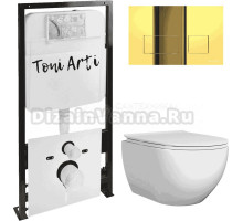 Комплект Унитаз подвесной Toni Arti Baglio TA-BO4936 безободковый, с микролифтом + Система инсталляции для унитазов Toni Arti TA-01 + Кнопка смыва Toni Arti Noche TA-0045 золото глянец