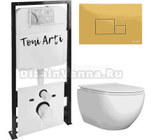 Комплект Унитаз подвесной Toni Arti Baglio TA-BO4936 безободковый, с микролифтом + Система инсталляции для унитазов Toni Arti TA-01 + Кнопка смыва Toni Arti Tocco TA-0063 золото матовое