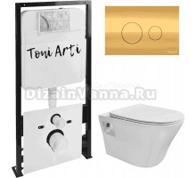 Комплект Унитаз подвесной Toni Arti Lamoli TA-LL4937 безободковый, с микролифтом + Система инсталляции для унитазов Toni Arti TA-01 + Кнопка смыва Toni Arti Baglio TA-0085 золото глянец