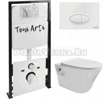 Комплект Унитаз подвесной Toni Arti Lamoli TA-LL4937 безободковый, с микролифтом + Система инсталляции для унитазов Toni Arti TA-01 + Кнопка смыва Toni Arti Freto TA-0052 белый глянец