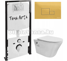Комплект Унитаз подвесной Toni Arti Lamoli TA-LL4937 безободковый, с микролифтом + Система инсталляции для унитазов Toni Arti TA-01 + Кнопка смыва Toni Arti Tocco TA-0063 золото матовое