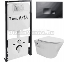 Комплект Унитаз подвесной Toni Arti Lamoli TA-LL4937 безободковый, с микролифтом + Система инсталляции для унитазов Toni Arti TA-01 + Кнопка смыва Toni Arti Tocco TA-0074 черная матовая