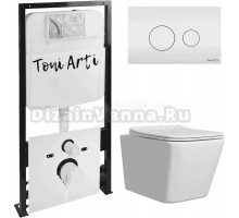Комплект Унитаз подвесной Toni Arti Noche TA-NE5335 безободковый, с микролифтом + Система инсталляции для унитазов Toni Arti TA-01 + Кнопка смыва Toni Arti Baglio TA-0082 белый глянец