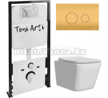 Комплект Унитаз подвесной Toni Arti Noche TA-NE5335 безободковый, с микролифтом + Система инсталляции для унитазов Toni Arti TA-01 + Кнопка смыва Toni Arti Baglio TA-0083 золото матовое