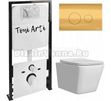 Комплект Унитаз подвесной Toni Arti Noche TA-NE5335 безободковый, с микролифтом + Система инсталляции для унитазов Toni Arti TA-01 + Кнопка смыва Toni Arti Baglio TA-0085 золото глянец