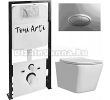Комплект Унитаз подвесной Toni Arti Noche TA-NE5335 безободковый, с микролифтом + Система инсталляции для унитазов Toni Arti TA-01 + Кнопка смыва Toni Arti Freto TA-0050 хром матовый