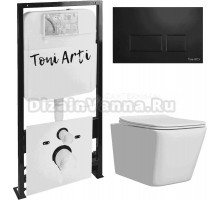 Комплект Унитаз подвесной Toni Arti Noche TA-NE5335 безободковый, с микролифтом + Система инсталляции для унитазов Toni Arti TA-01 + Кнопка смыва Toni Arti Noche TA-0044 черная матовая