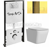 Комплект Унитаз подвесной Toni Arti Noche TA-NE5335 безободковый, с микролифтом + Система инсталляции для унитазов Toni Arti TA-01 + Кнопка смыва Toni Arti Noche TA-0045 золото глянец
