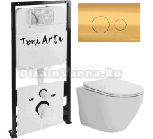 Комплект Унитаз подвесной Toni Arti Russi TA-1900 безободковый, с микролифтом + Система инсталляции для унитазов Toni Arti TA-01 + Кнопка смыва Toni Arti Baglio TA-0085 золото глянец