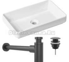 Комплект Накладная раковина Lavinia Boho Bathroom Sink Slim 33311004 + Донный клапан Wellsee Drainage System 182140000 матовый черный + Сифон 182120000 черный матовый