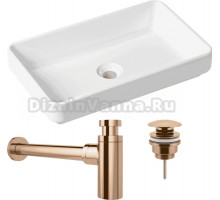 Комплект Накладная раковина Lavinia Boho Bathroom Sink Slim 33311004 + Донный клапан Wellsee Drainage System 182142000 розовое золото + Сифон 182107000 розовое золото