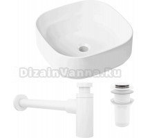 Комплект Накладная раковина Lavinia Boho Bathroom Sink Slim 33311006 + Донный клапан Wellsee Drainage System 182143000 матовый белый + Сифон 182123000 матовый белый