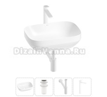 Накладная раковина для ванной комнаты Wellsee Air Gap S 20212416R в наборе 4 в 1: раковина белый глянец, донный клапан, сифон, смеситель (цвет набора матовый белый)