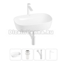 Накладная раковина для ванной комнаты Wellsee Ground Breaking 20212360R в наборе 4 в 1: раковина белый глянец, донный клапан, сифон, смеситель (цвет набора матовый белый)