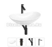 Накладная раковина для ванной комнаты Wellsee Carefree Dove 20212290R в наборе 4 в 1: раковина белый глянец, донный клапан, сифон, смеситель (цвет набора матовый черный)