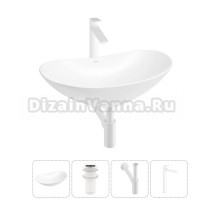 Накладная раковина для ванной комнаты Wellsee Carefree Dove 20212276R в наборе 4 в 1: раковина белый глянец, донный клапан, сифон, смеситель (цвет набора матовый белый)